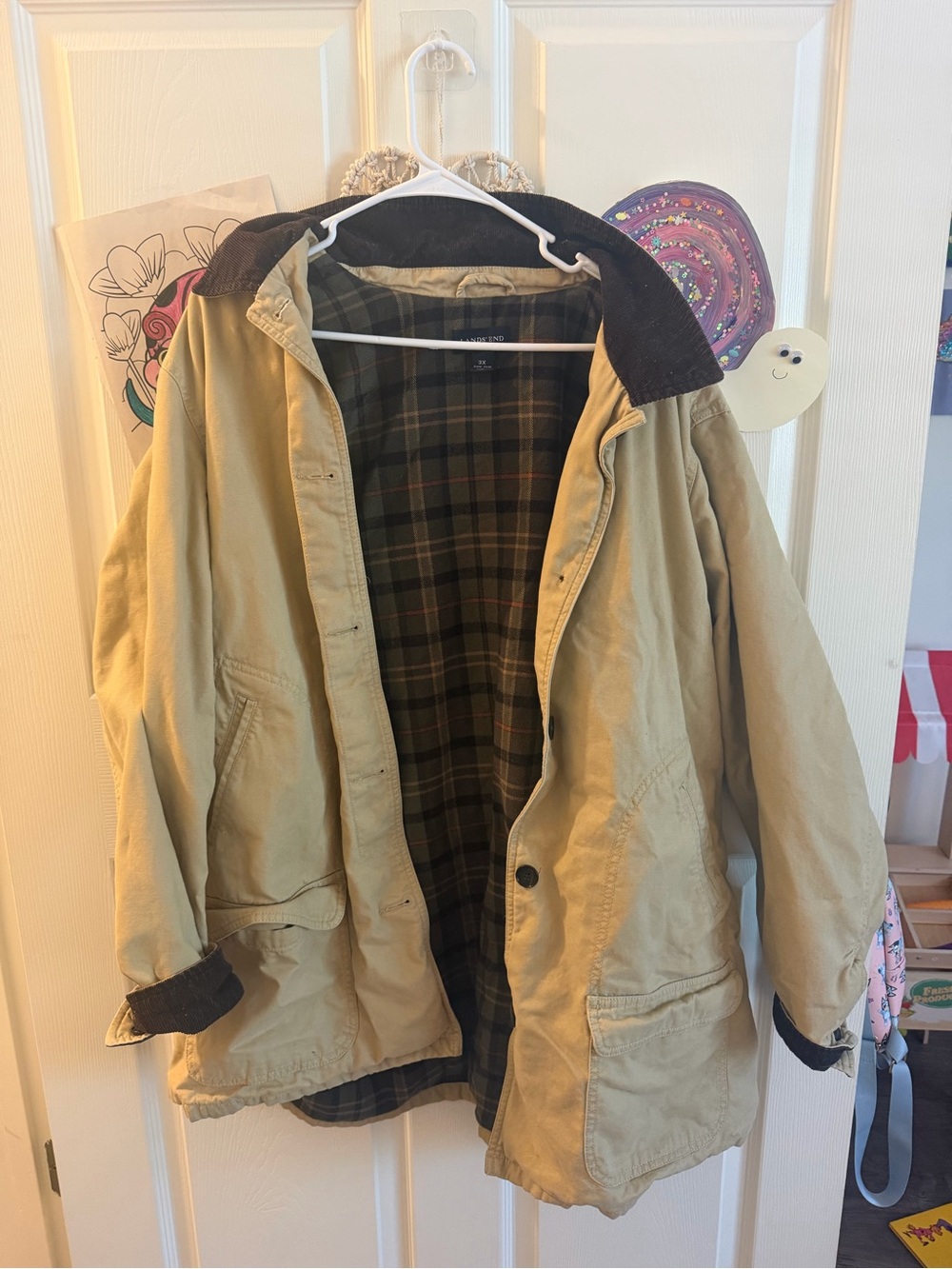 Lands' End Tan Canvas Chore/Barn Jacket with Plaid Lining